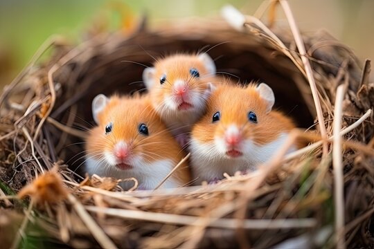 Close-up of a hamster nest. Multiple tiny hamsters in grass nest. Newborn hamsters.