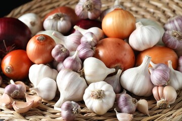 Fresh raw garlic and onions on wicker mat, closeup
