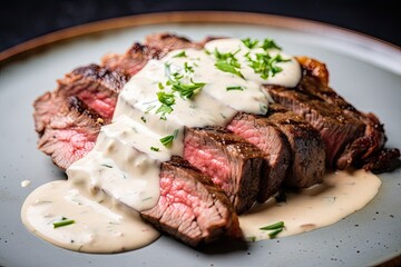 High resolution image of medium rare steak with creamy sauce.