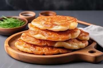 South Korean street food, fried dough filled with nuts and sugar, served on a wooden plate with a white background.