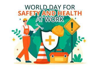 World Day for Safety and Health at Work Vector Illustration on April 28 with Mechanic Tool and Construction Helmet in Flat Cartoon Background