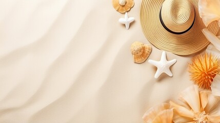 Free space for text .Beach accessories are lined up on the sand, flat lay.