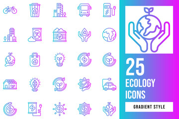 Set of Ecology Gradient Icon Design Vector. efficiency, conservation, environmental, factory, eco, electricity, earth, control, power, electric, charge, ecology, bus, bicycle, bag, energy, bulb, light