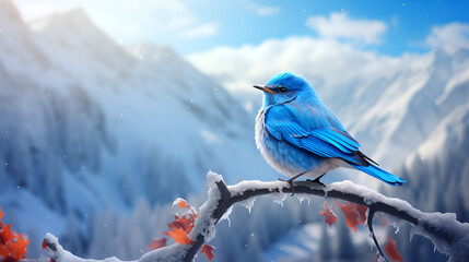 Perched atop a snow-covered branch, a blue bird overlooks a backdrop of majestic mountains.