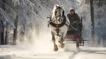 Fototapeta na wymiar A man bundled in heavy winter attire travels in a horse-drawn wagon amidst the winter landscape