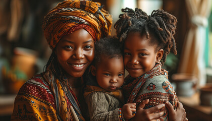 Portrait of beautiful african family, a mother with her little son and her daughter. - obrazy, fototapety, plakaty