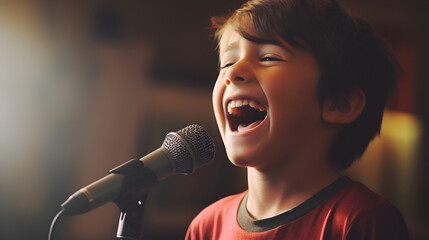 A young boy is singing into a microphone  - obrazy, fototapety, plakaty