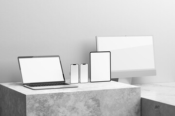 Phone, tablet, laptop, and computer mockup realistic scene and wall background