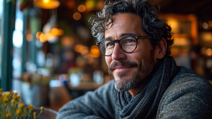 Fototapeta premium A handsome man with glasses and a beard. Smiling. Shallow depth of field. Yellow clothes.