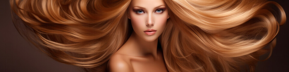 Beautiful ginger woman with long wavy coloring hair on studio background.