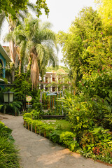 Obraz premium Resort in Mexico with green lush garden with path and tropical plants