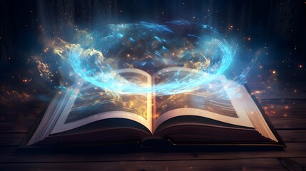 An open magic book with glowing pages