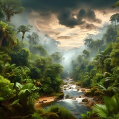 a beautiful jungle with heavy spring water real picture in the Amazon, clouds in the sky