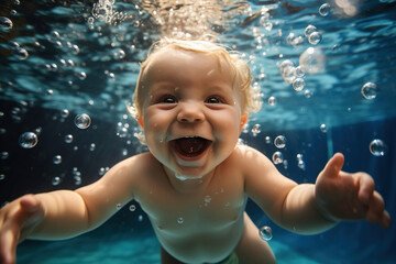 Fototapeta na wymiar A happy child swims and dives underwater. He learns to swim from an early age. having fun in the pool underwater. Active healthy lifestyle, water sports and swimming lessons during the summer holidays