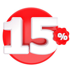 15 percentage discount number red with label 3d render