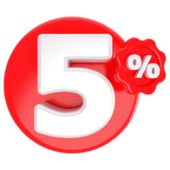 5 percentage discount number red with label 3d render