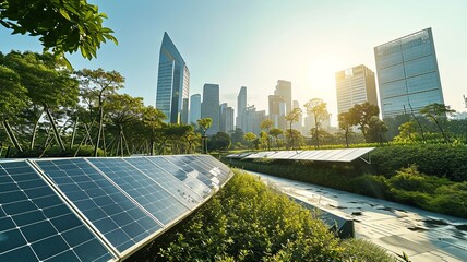 Sustainable Cityscape with Solar Panels and Green Roofs