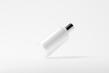 A set of glossy plastic cosmetic bottles with a silver cap