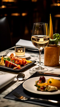 assiette de viande avec verre de vin blanc dans un restaurant gastronomique
