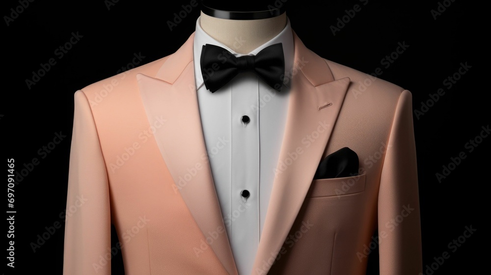 Poster minimalistic view of a perfectly tailored peach fuzz tuxedo, a musthave for any black tie event.
