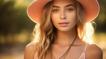 Closeup of a fashionforward teen accessorizing her Peach Fuzz s with a straw hat and layered gold necklaces.