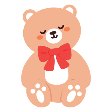 hand drawing cartoon bear with red ribbon. cute animal doodle