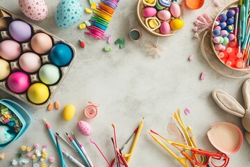 Fototapeta premium Children's Easter Craft Area Flat Lay with Egg Painting Kits