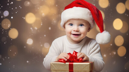 Fototapeta na wymiar Happy toddler boy in Santa Hat with Christmas Gift