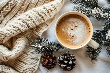 Cozy Winter Scene Flat Lay with Knitted Sweater and Cocoa