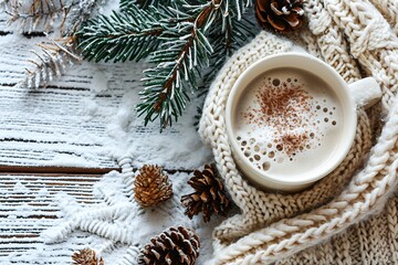 Cozy Winter Scene Flat Lay with Knitted Sweater and Cocoa