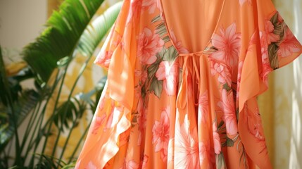 Closeup of a flowy Peach Fuzz coverup with a vintage tropical print, perfect for lounging by the pool or sipping tails on a sunny day.