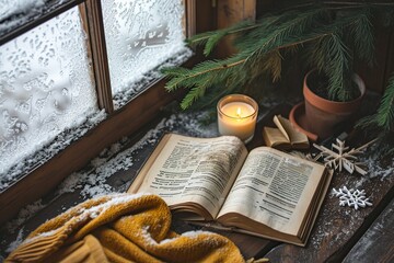 Frosty Window View Flat Lay with Cozy Elements