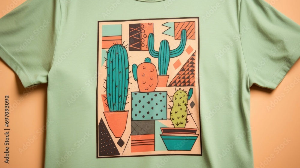 Poster closeup of a peach fuzz graphic tee with a whimsical cactus design made up of bold geometric shapes 