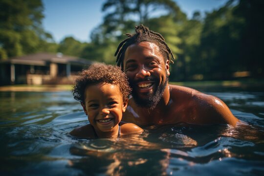 an African American man swims with his son in a lake near his house