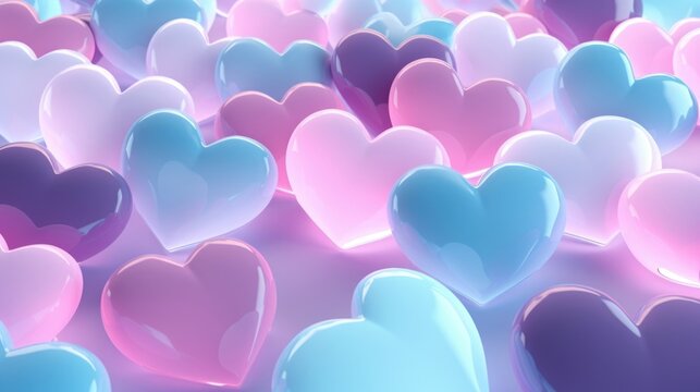 A group of animated hearts, each one glowing in a different pastel color, gracefully moving to the beat of a romantic waltz.