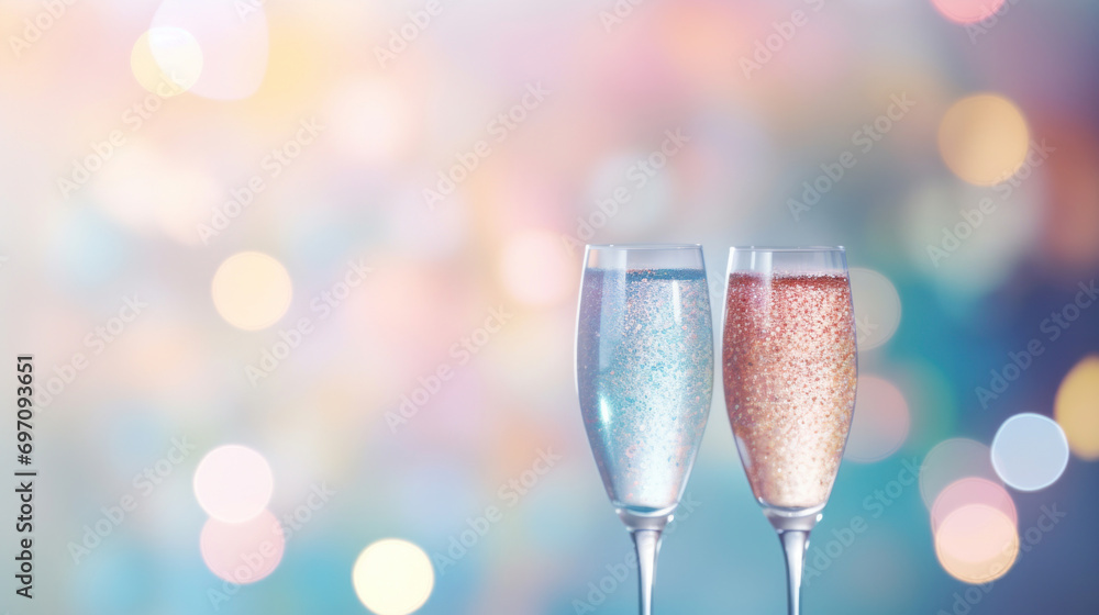 Poster a two glass of sparkling wine on a soft pastel colorful bokeh background