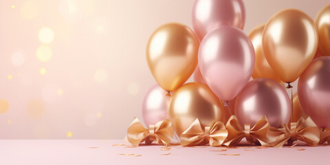 Pink and golden balloons on festive background