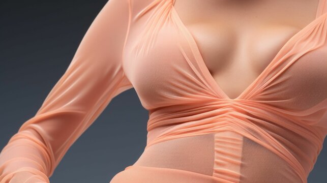 Closeup of a fitted peach fuzzcolored jumpsuit, designed with intricate ruched details and a plunging neckline, making a statement for a jazz dance number.
