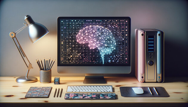 Sleek workspace with vibrant neural network pattern on computer screen.