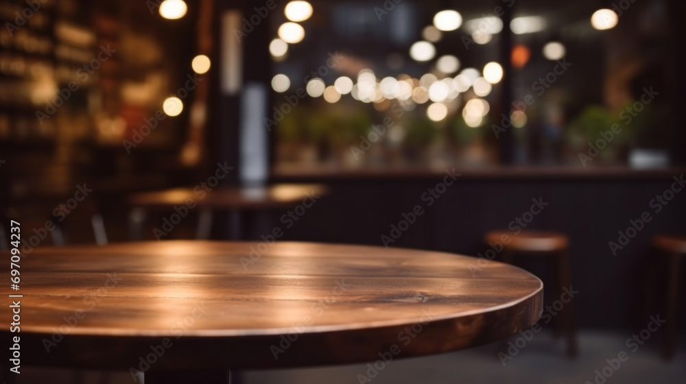 Poster empty wooden table and coffee shop blur background with bokeh image.