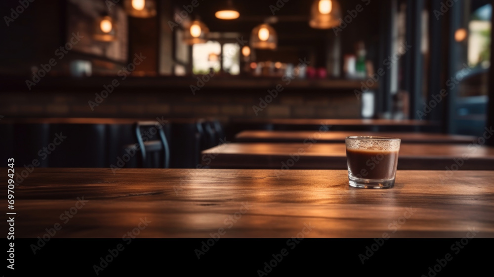 Poster empty wooden table and coffee shop blur background with bokeh image.
