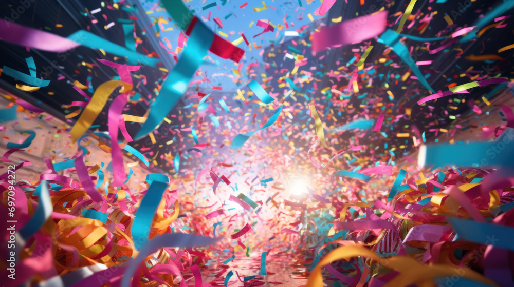 Poster abstract background with confetti on colorful ribbons on dark background