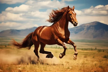 Fototapeten A majestic horse galloping across an open field, showcasing its grace and speed. © Jelena