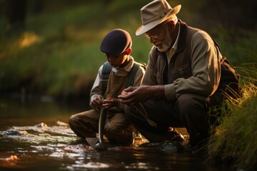 An African American grandfather imparts fishing wisdom to his attentive grandson by a serene riverside, engulfed in the warm, tranquil light of the setting sun.