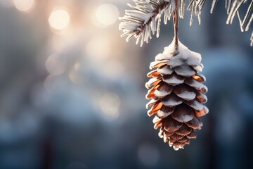 A frozen pine cone hangs from a branch, bokeh light, minimal concept.