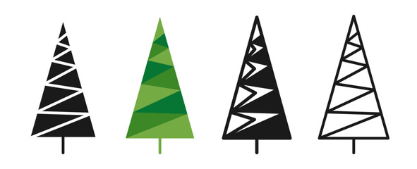 Christmas tree symbol cartoon and doodle, stamp stylized sign set. New Year xmas traditional pine simple design for greeting card, invitation, banner. Christmas geometric trees abstract vector