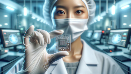 Cutting-Edge Nanotechnology: Hand holding nano-scale silicon chip in well-lit lab.