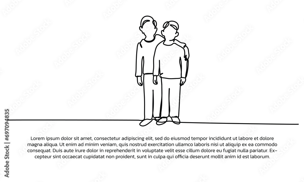 Poster continuous line design of togetherness with brother. single line decorative elements drawn on a whit