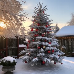 Snowy Christmas tree outside decorated with red ornaments