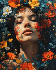Captivating Digital Portrait: Feminine Beauty Amidst Floral Splendor | Abstract Fine Art Painting Depicting a Female Face Blossoming in Colorful Flowers. Generative AI
